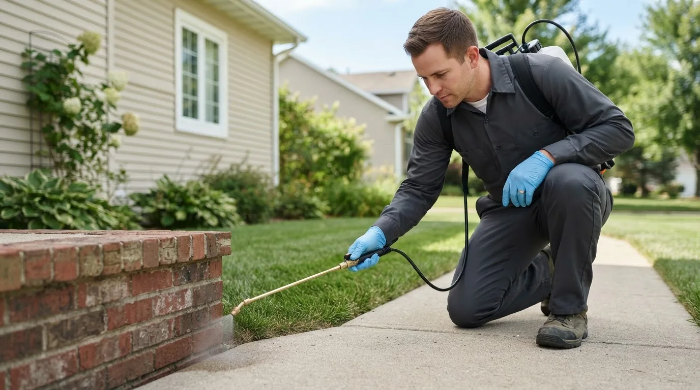 Pest control technician treating a home near Ridgeway, NC